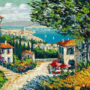 ceramic tile mural backsplash medallion kitchen, floor, pool. wall art. Piazza Italy coastal beach. flowers garden