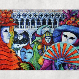 May include: A colorful painting of people wearing masks and costumes. The painting is done in a style that is reminiscent of the Venetian Carnival. The masks are all different and unique, and the costumes are bright and vibrant. The painting is full of life and energy.