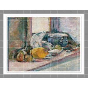 May include: An oil painting by Henri Matisse depicting a still life with a bright yellow lemon, green fruits, and a dark blue bowl on a light-colored surface. The composition features visible brushstrokes, soft pastel tones, and a window frame.