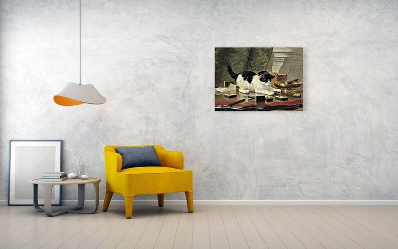 May include: A framed painting depicts a black and white cat on a table with various objects. The cat is the focal point, with its tail raised. The table is covered with small boxes and other items. The painting is displayed on a textured wall.