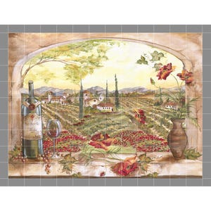 May include: A decorative tile mural featuring a painted landscape of a vineyard seen through an arched window. The scene includes a wine bottle, a glass of red wine, and a ceramic vase with red poppies on a ledge against a backdrop of rolling hills.