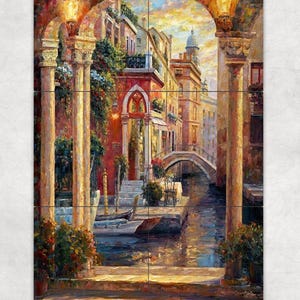 May include: A painting of a canal in Venice, Italy. The canal is lined with buildings and a bridge. There are two pillars on either side of the canal, and a boat is docked in the water. The sky is a vibrant orange and yellow.