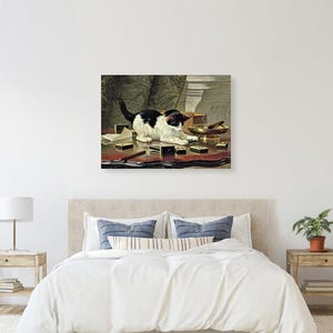 May include: A vintage painting depicts a black and white cat amidst various objects on a table. The cat is the focal point, surrounded by matchboxes, cigars, and a brass bowl. The scene is set against a backdrop of ornate drapery and architectural details.