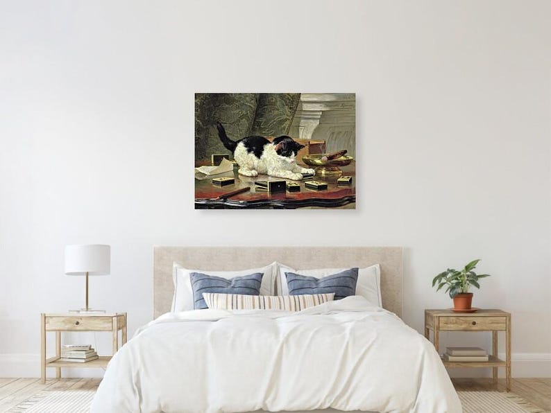May include: A vintage painting depicts a black and white cat amidst various objects on a table. The cat is the focal point, surrounded by matchboxes, cigars, and a brass bowl. The scene is set against a backdrop of ornate drapery and architectural details.