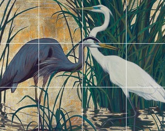 ceramic tile mural backsplash medallion kitchen, pool, floors, wall art. A Great Blue Heron And A Egret birds In Marsh. behind stove