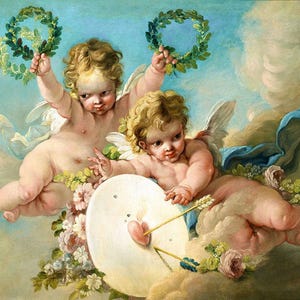 May include: Two cherubs, one holding a wreath of leaves, the other holding an arrow, are flying in the clouds. They are both looking at a white circular object with a red heart in the center.