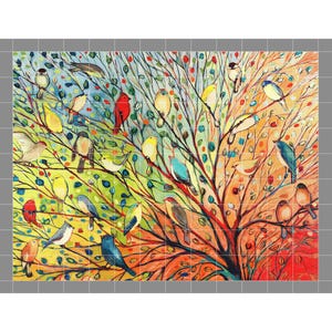 May include: A vibrant painting of a tree filled with colorful birds. The artwork features a spectrum of colors, including red, yellow, blue, and green, with birds perched on branches. The background transitions from blue to orange.