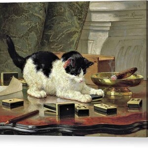May include: A painting of a black and white cat playing with dominoes on a table. A cigar rests in a golden bowl. A pencil and a piece of paper are also on the table. The background features a patterned curtain and a white wall.