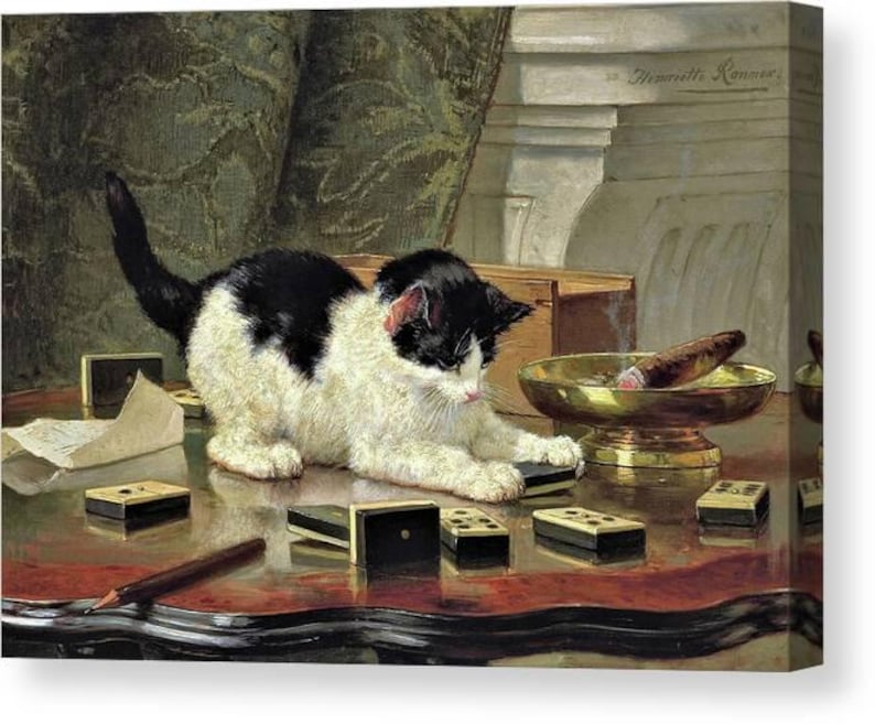 May include: A painting of a black and white cat playing with dominoes on a table. A cigar rests in a golden bowl. A pencil and a piece of paper are also on the table. The background features a patterned curtain and a white wall.