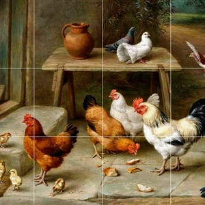 May include: A rustic scene with a brown wooden table, a brown clay jug, and a group of chickens and pigeons. The chickens are brown, white, and black and white. The pigeons are gray and white. The scene is set in a barn with a wooden door and a stone floor.