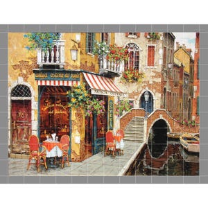 May include: A decorative tile mural depicting a canal-side scene with an Italian restaurant named Antica Osteria del Ponte. The image features a building with yellow walls, red and white striped awnings, outdoor seating, and a stone bridge over water.