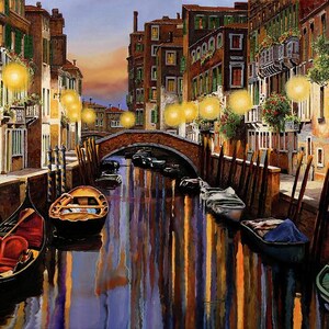 May include: A painting of a canal in Venice, Italy, with gondolas and a bridge. The canal is lined with buildings and there are streetlights along the sides. The water is reflecting the light from the streetlights.
