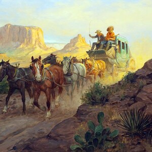 May include: A vintage stagecoach pulled by a team of horses travels through a desert landscape. The stagecoach is green and has two passengers. The horses are brown and white. The landscape is a mix of red rock and sand.