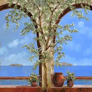 May include: A painting of a garden scene with two arches framing a view of a blue ocean with sailboats. The arches are made of stone and are covered in vines. There are two terracotta pots with plants in front of the arches.