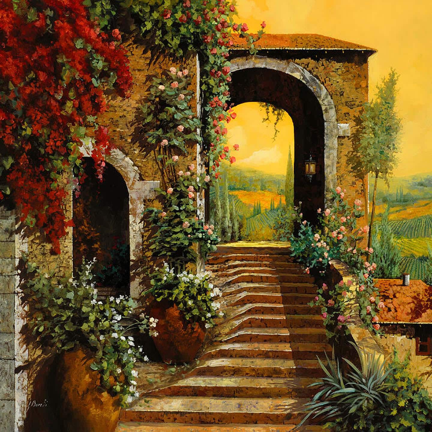 ceramic tile mural backsplash medallion kitchen, floor, pool. wall art. Flower garden Archway stairs to Tuscany vineyard. Tuscan village.