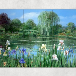 ceramic tile mural backsplash medallion kitchen, outdoor. Monet&#39;s Garden Giverny pond iris flowers.