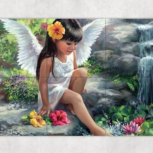 ceramic tile mural art accent backsplash decorative medallion. living water angel in garden pond with waterfall, Hibiscus.
