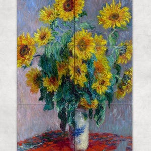May include: A still life painting of a bouquet of yellow sunflowers in a white vase with blue accents. The sunflowers are arranged in a vase on a red tablecloth. The background is a light blue and purple.