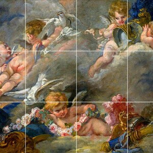 May include: A painting depicting cherubs in a heavenly setting. The cherubs are depicted with wings and are surrounded by clouds. One cherub is holding a golden vessel, while another is holding a dove. The painting is done in a soft, pastel palette.