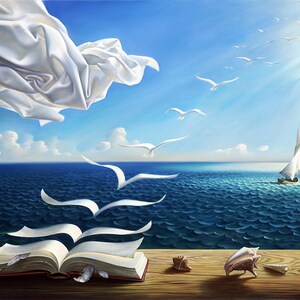 May include: A surreal painting of an open book with pages flying away like birds over a blue ocean. A sailboat sails in the distance, and a white cloth billows in the wind. The scene is framed by a wooden windowsill with seashells on it.