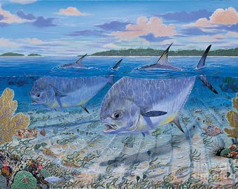 ceramic tile mural backsplash medallion kitchen, floor, pool. wall art. Permits fish cruising the flats, gamefish, sportfish fishing.