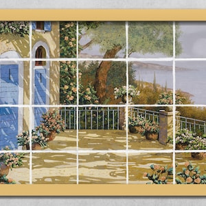May include: A tile mural depicting a Mediterranean-style patio with a blue door, potted plants, and a view of the ocean. The tiles are arranged in a grid pattern, creating a mosaic effect.