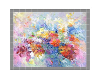 Abstract bouquet of flowers ceramic tile mural backsplash medallion kitchen, wall art. countertop, coordinating towel, mugs. indoor