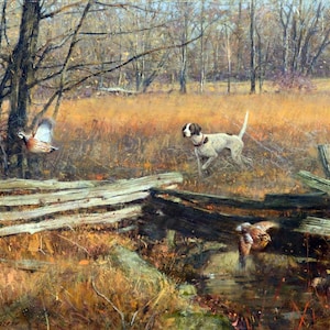 May include: A white and brown hunting dog stands in a field with a wooden fence in the foreground. Two brown and white birds are flying away from the dog. The scene is painted in a realistic style with muted colors.