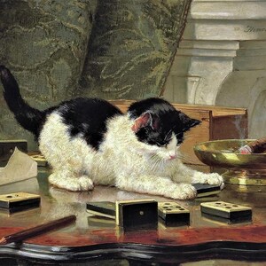 May include: A black and white cat plays with dominoes on a reflective table. A lit cigar rests in a gold-colored ashtray. A pencil and a piece of paper are also on the table. The scene is a vintage painting.