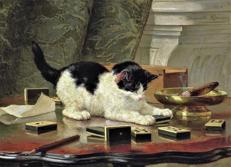 May include: A black and white cat plays with dominoes on a reflective table. A lit cigar rests in a gold-colored ashtray. A pencil and a piece of paper are also on the table. The scene is a vintage painting.