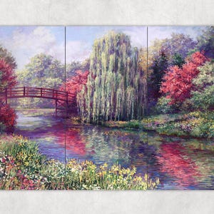 ceramic tile mural art accent backsplash decorative medallion. Chicago botanical garden. Japanese bridge and pond