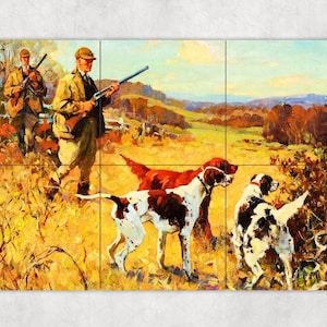 May include: Two hunters in brown jackets and hats stand in a field with three dogs. The dogs are a brown and white pointer, a brown and white setter, and a black and white pointer. The hunters are holding rifles and the dogs are pointing towards the horizon.