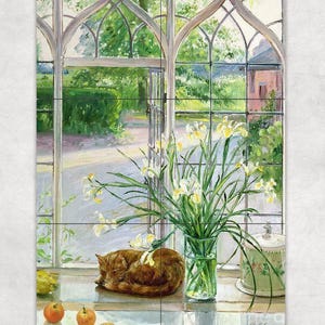 May include: A painting of a window with a view of a garden. A cat is sleeping on a windowsill with a vase of white flowers and apples. The window has a stained glass design.