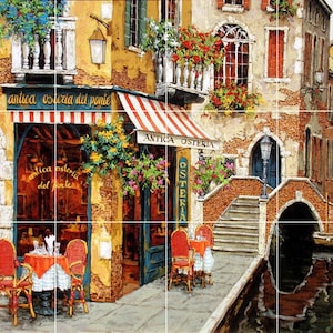 May include: A painting of a quaint Italian restaurant with a red awning that says "Antica Osteria del Ponte". The restaurant is located on a canal with a bridge and steps leading up to it. There are tables and chairs set up outside the restaurant, and a gondola is docked in the canal.