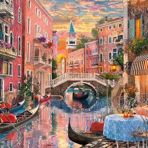 May include: A colorful painting of a canal scene in Venice, Italy. The painting features gondolas, a bridge, and buildings with balconies. The sky is a vibrant orange and pink.