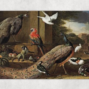 May include: A still life painting featuring a variety of birds, including a peacock, a peahen, a parrot, and a dove. The birds are depicted in a natural setting with fruit, vegetables, and other foliage. The painting is done in a realistic style with vibrant colors.
