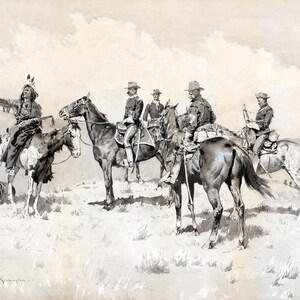 May include: A black and white illustration of a group of people on horseback riding through a field. The people are wearing military uniforms and hats. The horses are all different colors and sizes. The background is a field with trees in the distance.