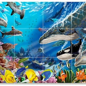 May include: A colorful underwater scene with a variety of fish, coral, and sea life. A large whale swims in the background, while a shark, a dolphin, and an orca swim in the foreground. The scene is full of vibrant colors and details.