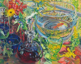 ceramic tile mural backsplash medallion kitchen, pool, floors, wall art. goldfish fantasy September. flower garden. outdoor decor.