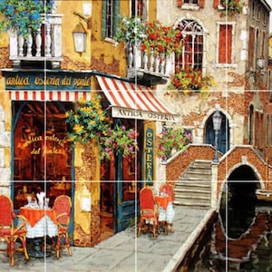 May include: A colorful painting of a restaurant in Venice, Italy. The restaurant has a red and white striped awning and a sign that reads "Antica Osteria del Ponte". There is a bridge over a canal in the background.
