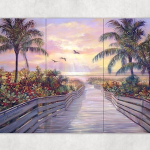 ceramic tile mural art accent backsplash decorative medallion. Beach entrance garden sea grapes Palm trees Ocean view birds seascape sunrise