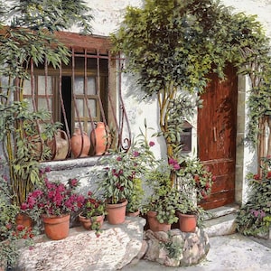 May include: An artistic rendering of a rustic building exterior. A wooden door and window with iron bars are surrounded by lush greenery and potted plants with red flowers. The scene evokes a sense of tranquility.