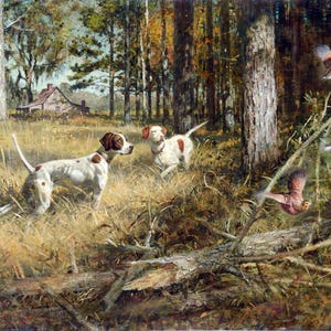 May include: Two white and brown hunting dogs stand in a forest setting with fallen leaves and trees. The dogs are pointing their noses towards the ground, suggesting they are hunting. Three birds are flying in the air, suggesting they have been flushed out by the dogs.