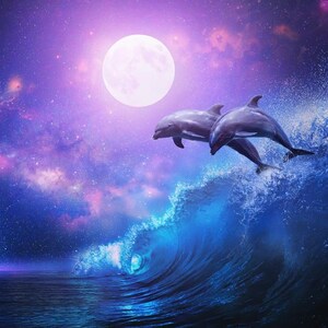 ceramic tile mural backsplash medallion kitchen, floor, pool. wall art. dolphins leaping night ocean surfing wave full moon shining tropical