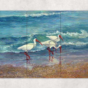 ceramic tile mural art accent backsplash decorative medallion. ibis birds trio on the ocean beach crashing waves, seascape.