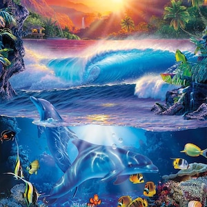 May include: A vibrant sunset over a tropical island with a wave crashing in the foreground. Two dolphins swim beneath the surface of the water, surrounded by colorful coral and fish.