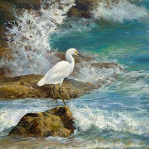 ceramic tile mural art accent backsplash decorative medallion. egret breakfast on the rocks. Egret heron on the beach