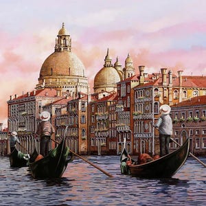 May include: A painting of a canal in Venice, Italy, with gondolas and buildings in the background. The sky is a soft pink and orange, and the water is a deep blue. The buildings are a mix of yellow, orange, and red.