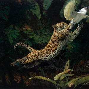 ceramic tile mural art accent kitchen backsplash medallion. leopard and egret, heron, jungle, forest. garden wildlife, country western.