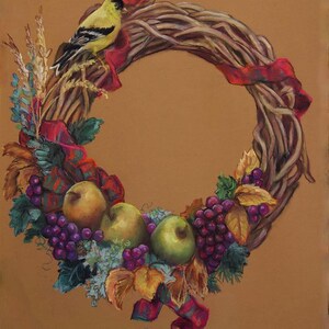 May include: A woven wreath decorated with fall foliage, grapes, apples, and a yellow bird. The wreath is tied with a red and green plaid ribbon.